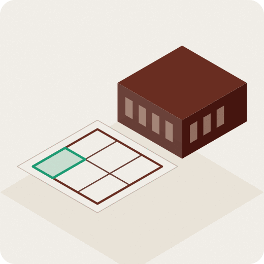 Isometric illustration of a school building beside a floor plan, with one room on the plan highlighted in green