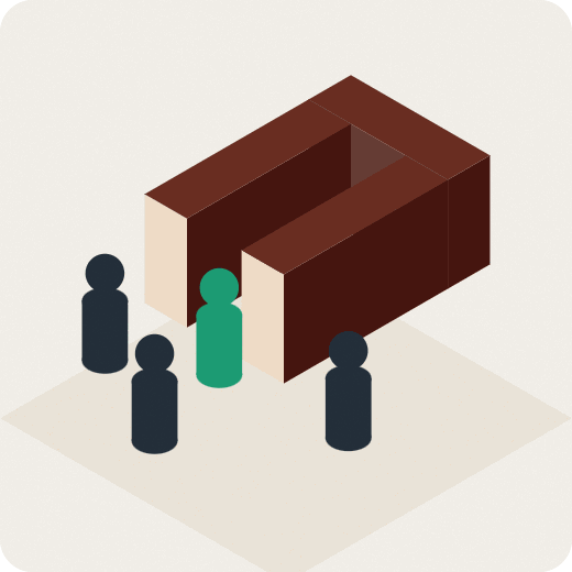 Isometric illustration of four figures standing in front of an open-sided building, one of them highlighted in green