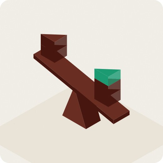 Isometric illustration of a seesaw, weighed down on one side, with a green block tipping the balance on the other